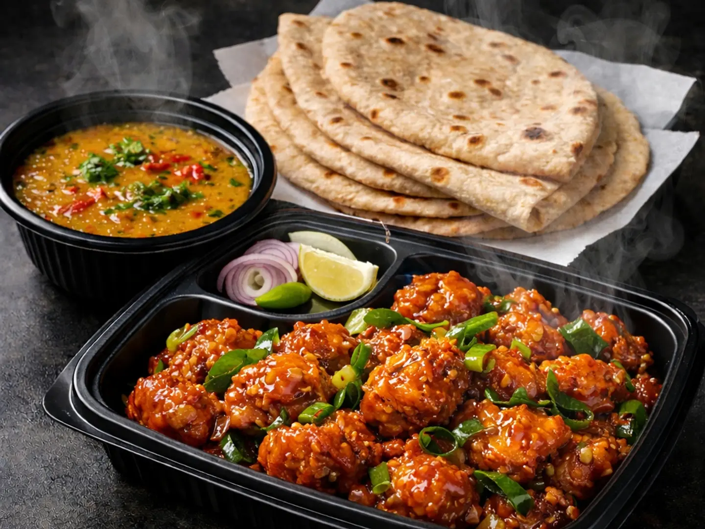 Classic Chicken Manchurian With 2 Roti And Dal Single Servings