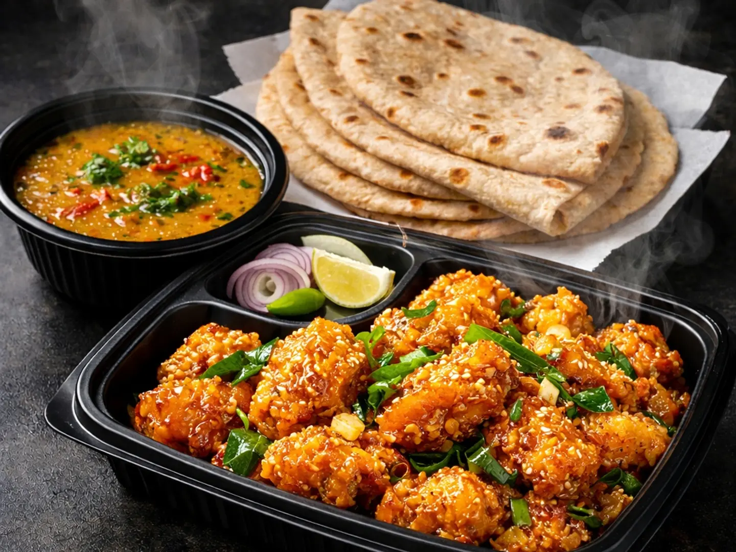 Sweet & Crispy Honey Chicken With 4 Chapati Or 2 Paratha And Dal Single Servings
