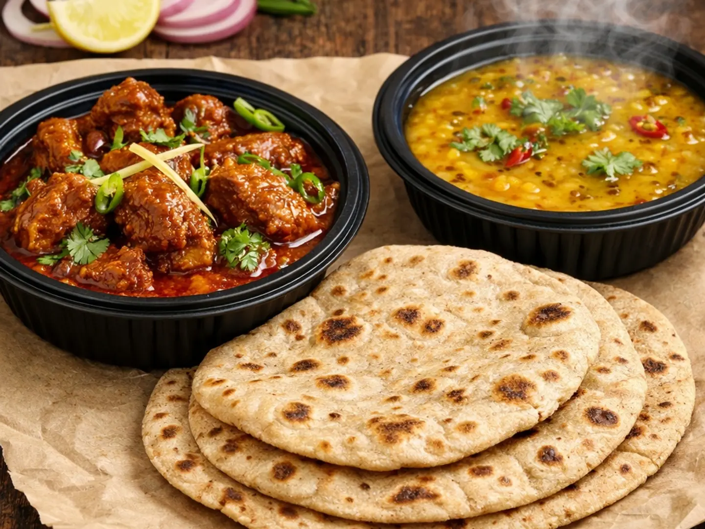 Mutton Chatpata, 3 Rumali Chapati & Dal