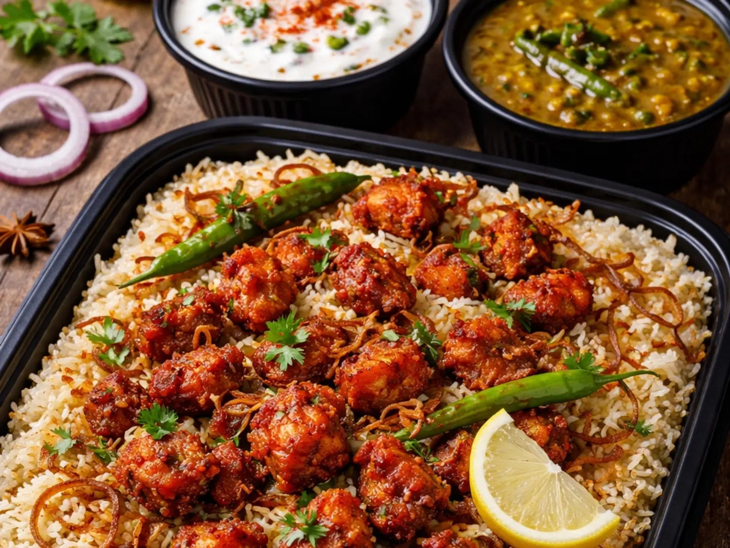 دجاج عربي خاص 65 بدون عظم برياني (بلا توابل) رايتا ومقبلات