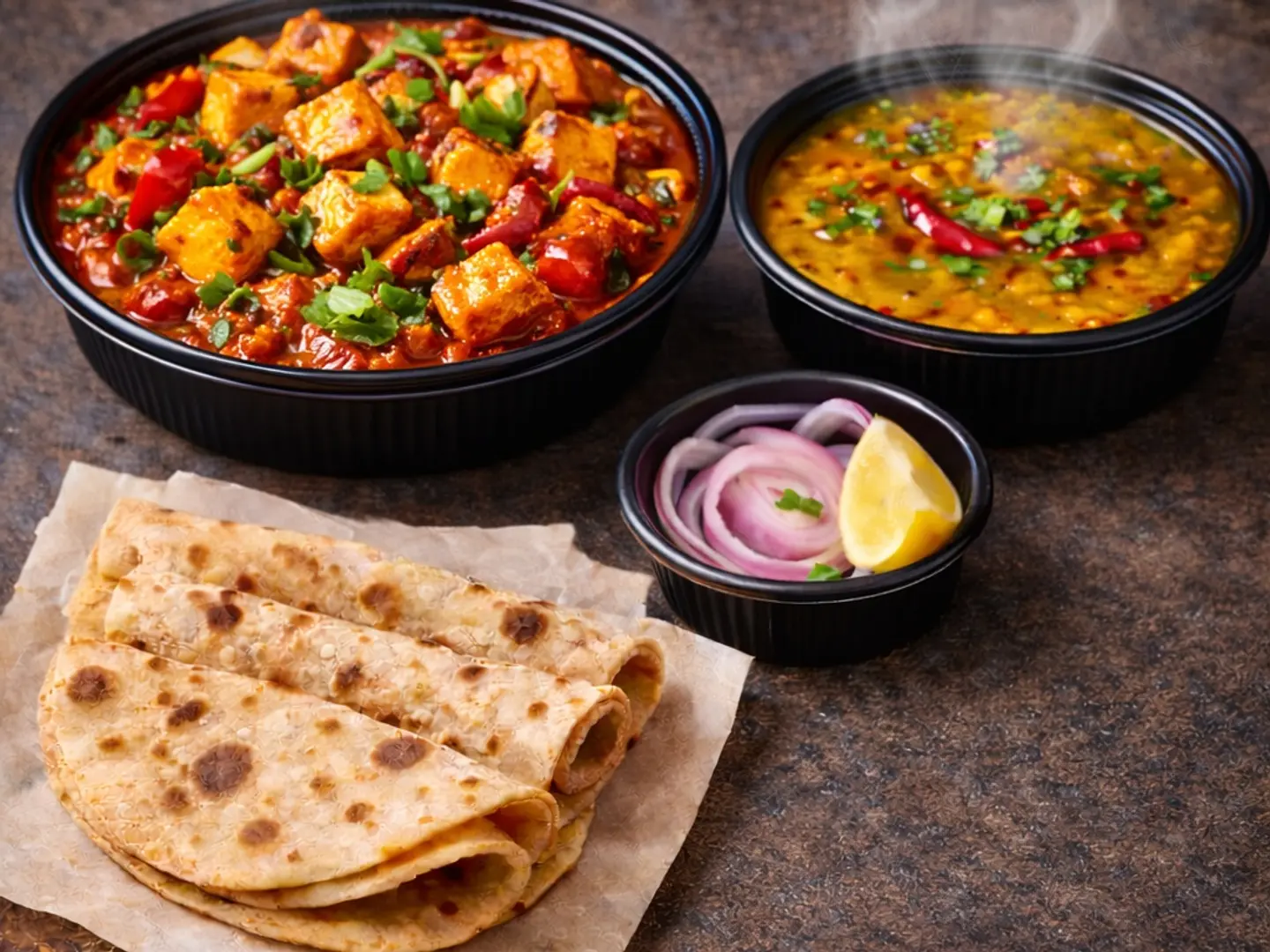Kadai Paneer (Dhaba Style) With 3 Roti And Dal