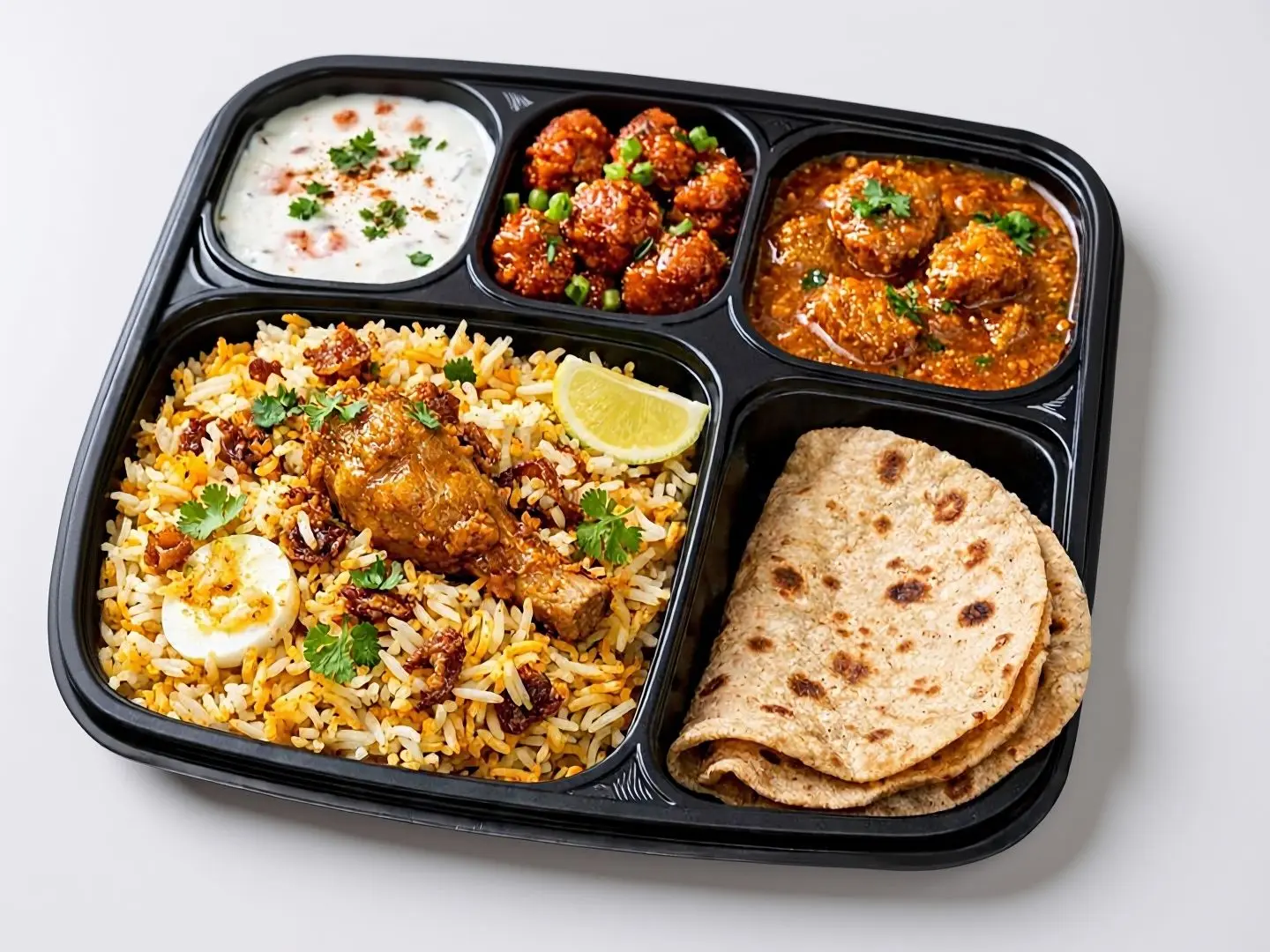 Biryani Rice Chicken Curry, Gobi Manchurian, Raita And 1 Bread