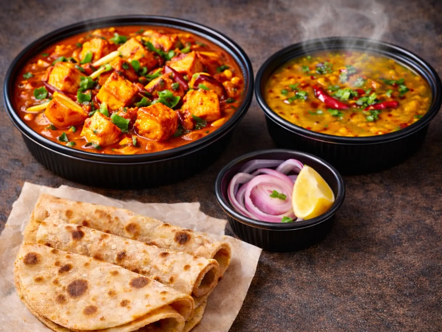 Paneer Tikka Masala (Smoky & Spicy) With 3 Roti And Dal