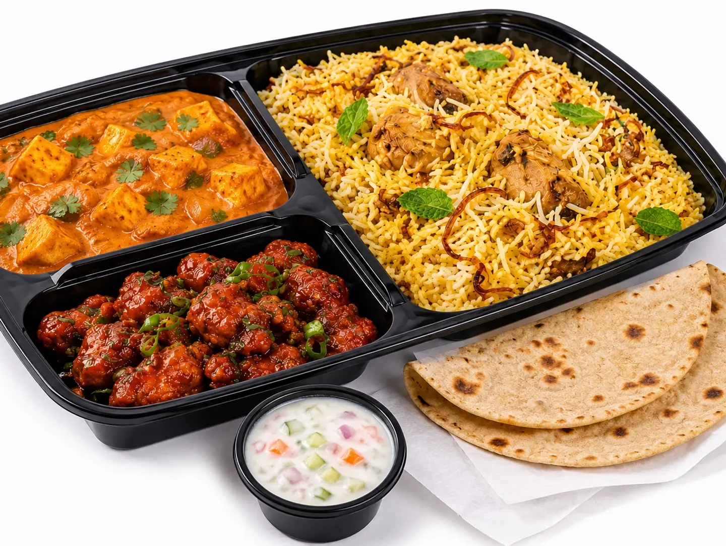 Veg Combo Fresh Paneer Tikka Masala, Veg Manchurian, Biryani Rice, Roti & Raita Combo