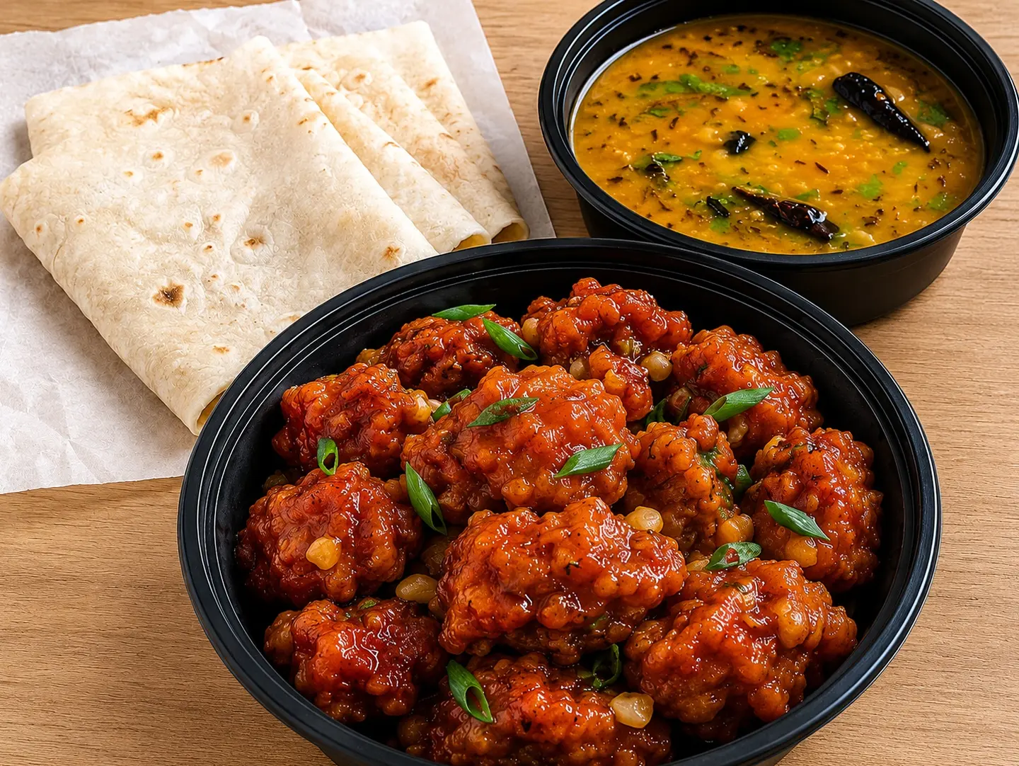 Veg Cauliflower Manchurian With 2 Chapati Dal  Single Servings