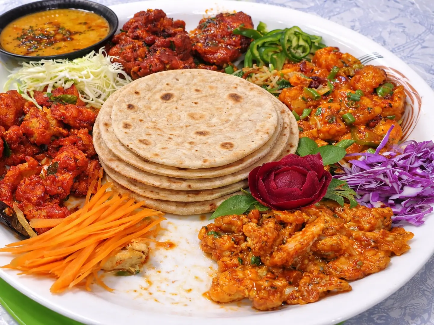 Royal Indo Chinese Feast (3 Portion Platter) 4 Roti Dal