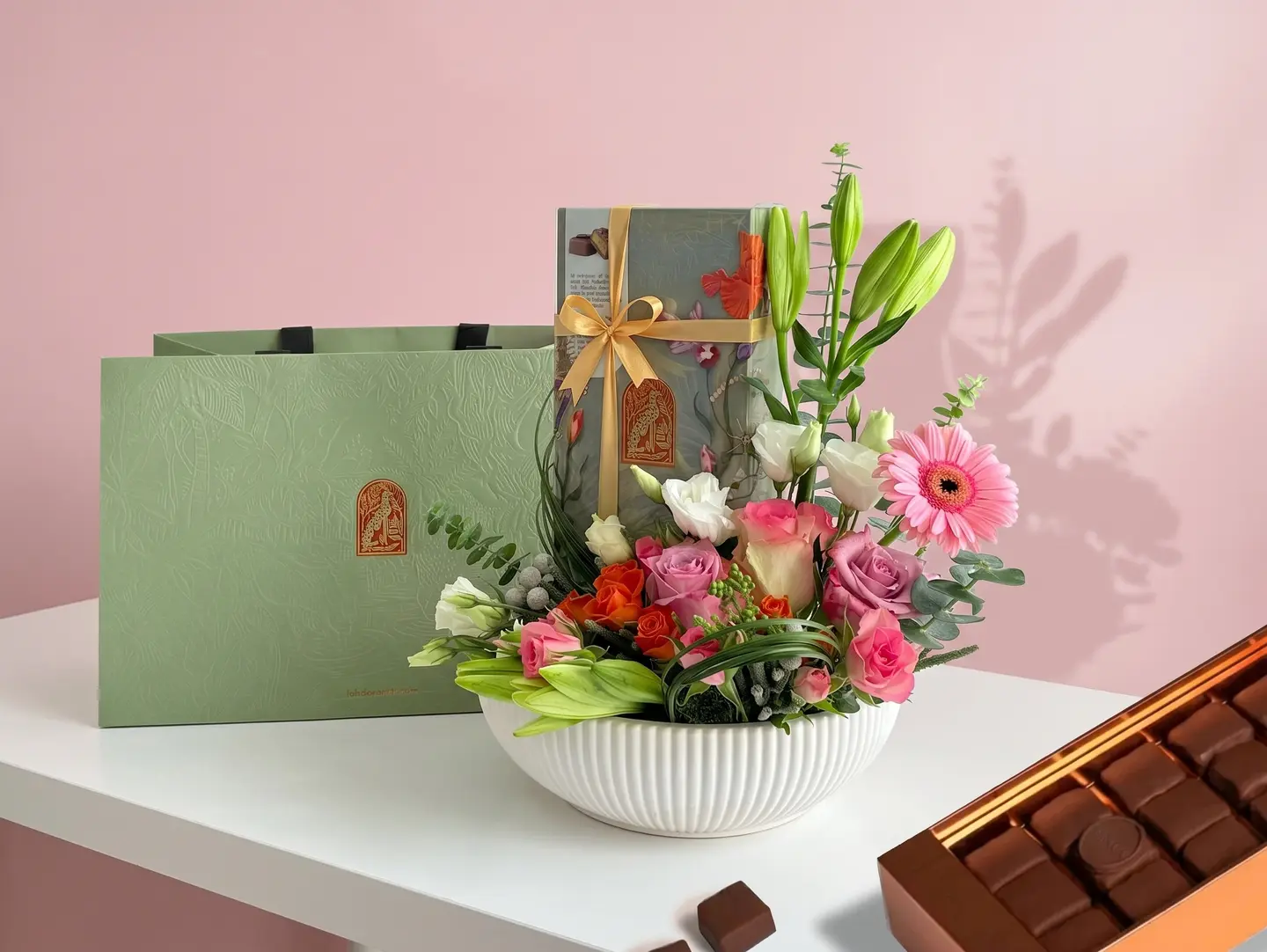 Vase With Roses And Chocolate, Fahda, Pistachio Kunafa