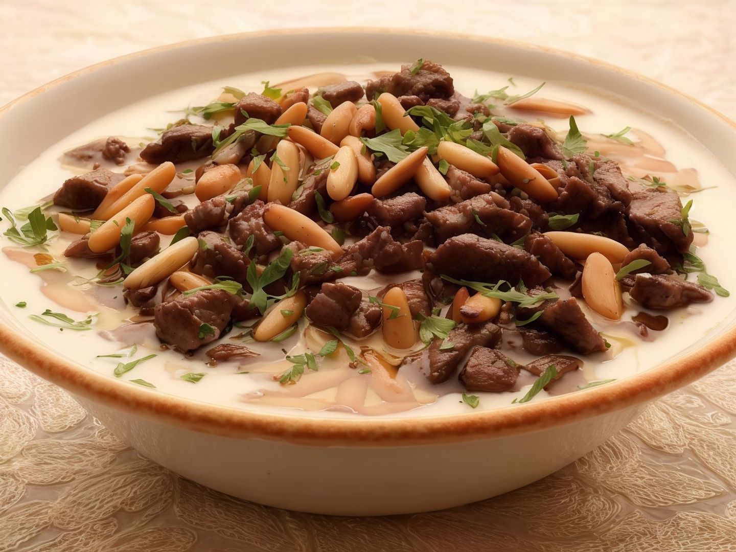 فته حمص مع لحم وصنوبر