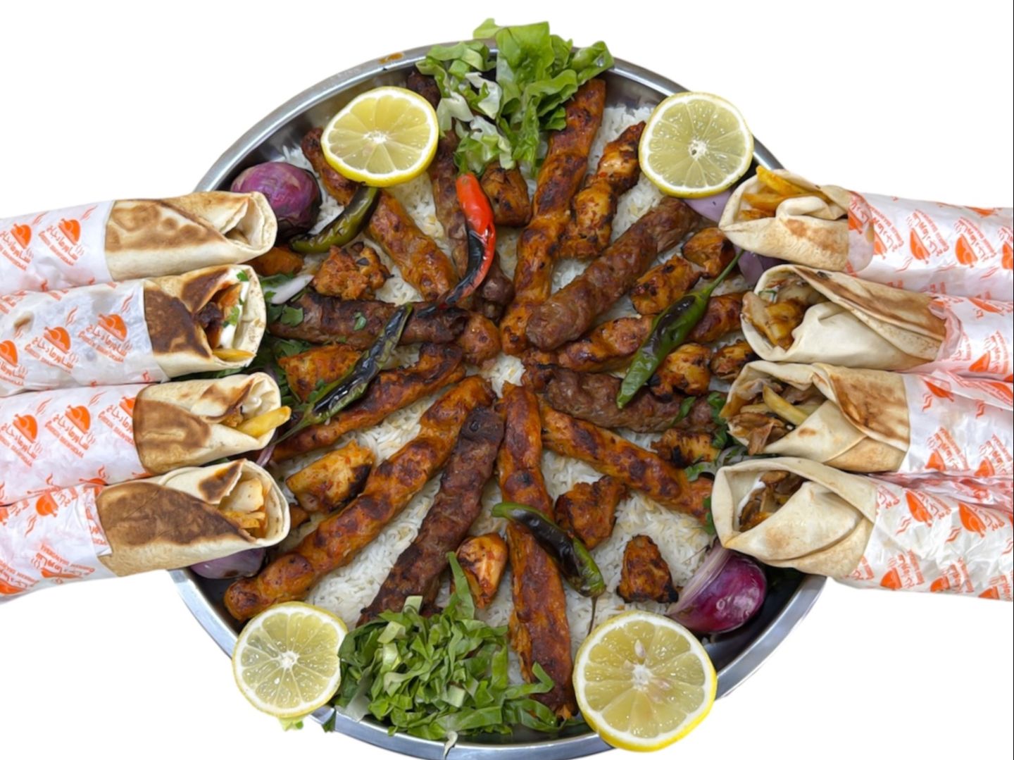كيلو مشاوي مشكل مع رز وبطاطس + ثمانية شاورما شامي