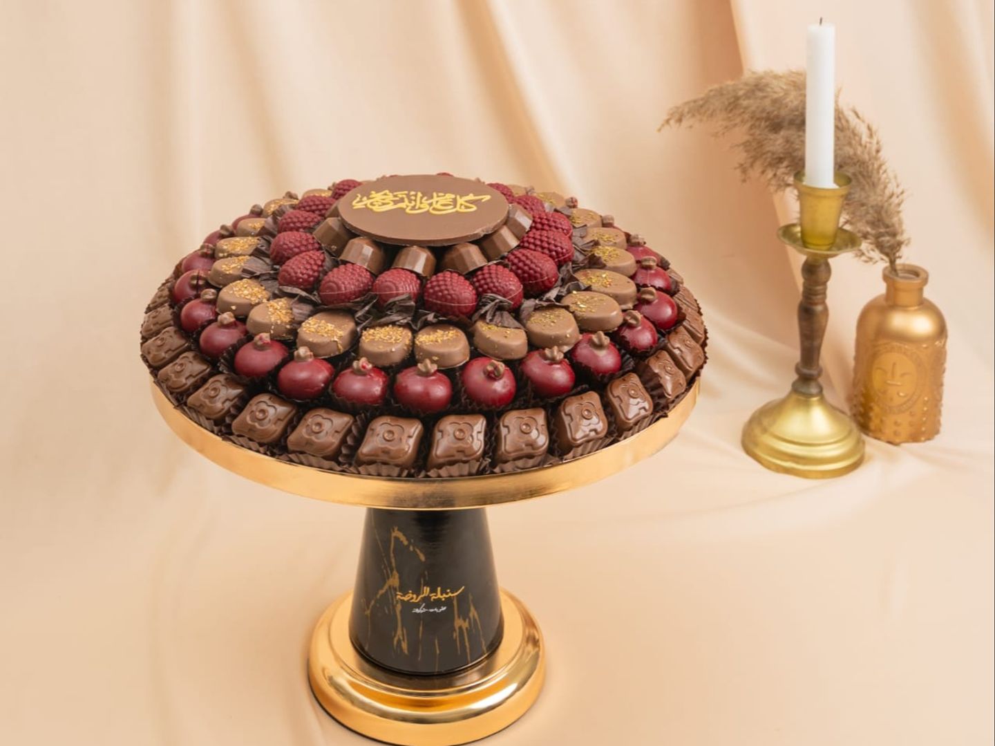 Belgian Chocolate With Golden Fruit Toppings.