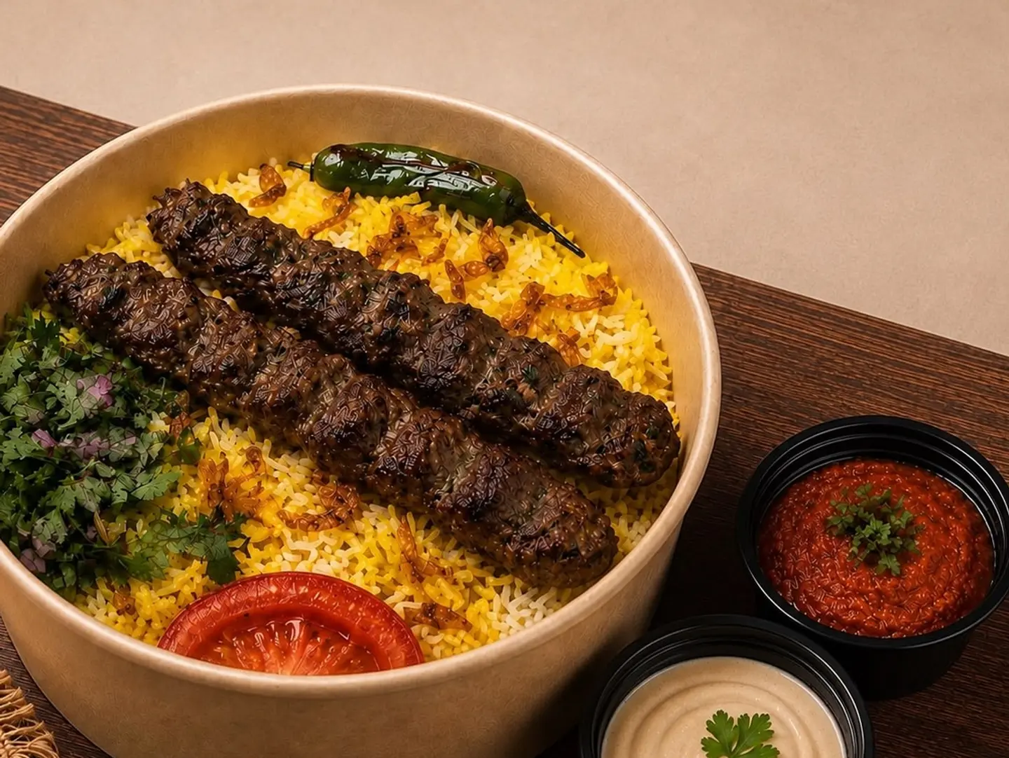 Two Skewers Of Lamb Kebab With Ric Tahini Sauce And Hot Dakou