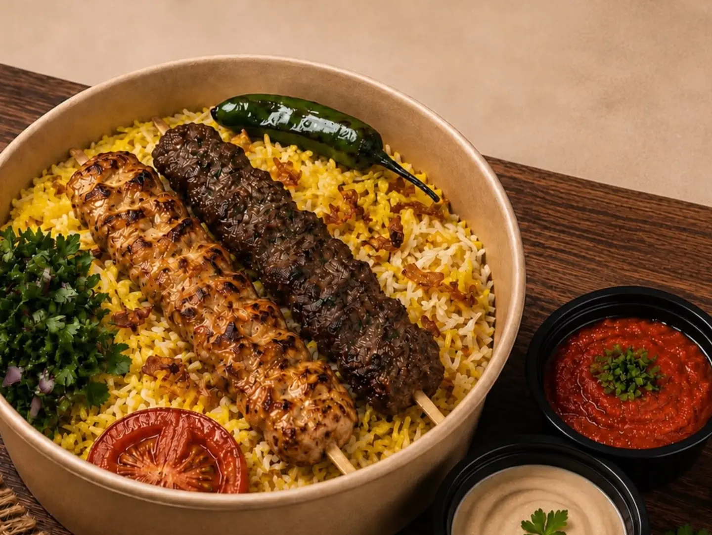 Two Skewers Of Mixed Chicken Kebab And Lamb Kebab
