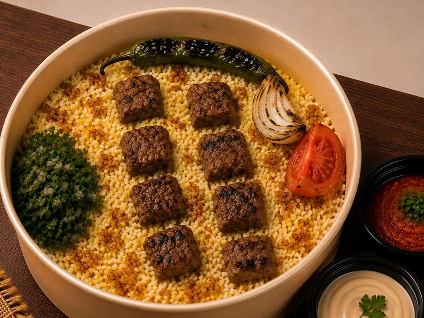 Two Skewers Of Lamb With Rice Tahini Sauce And Hot Dakous