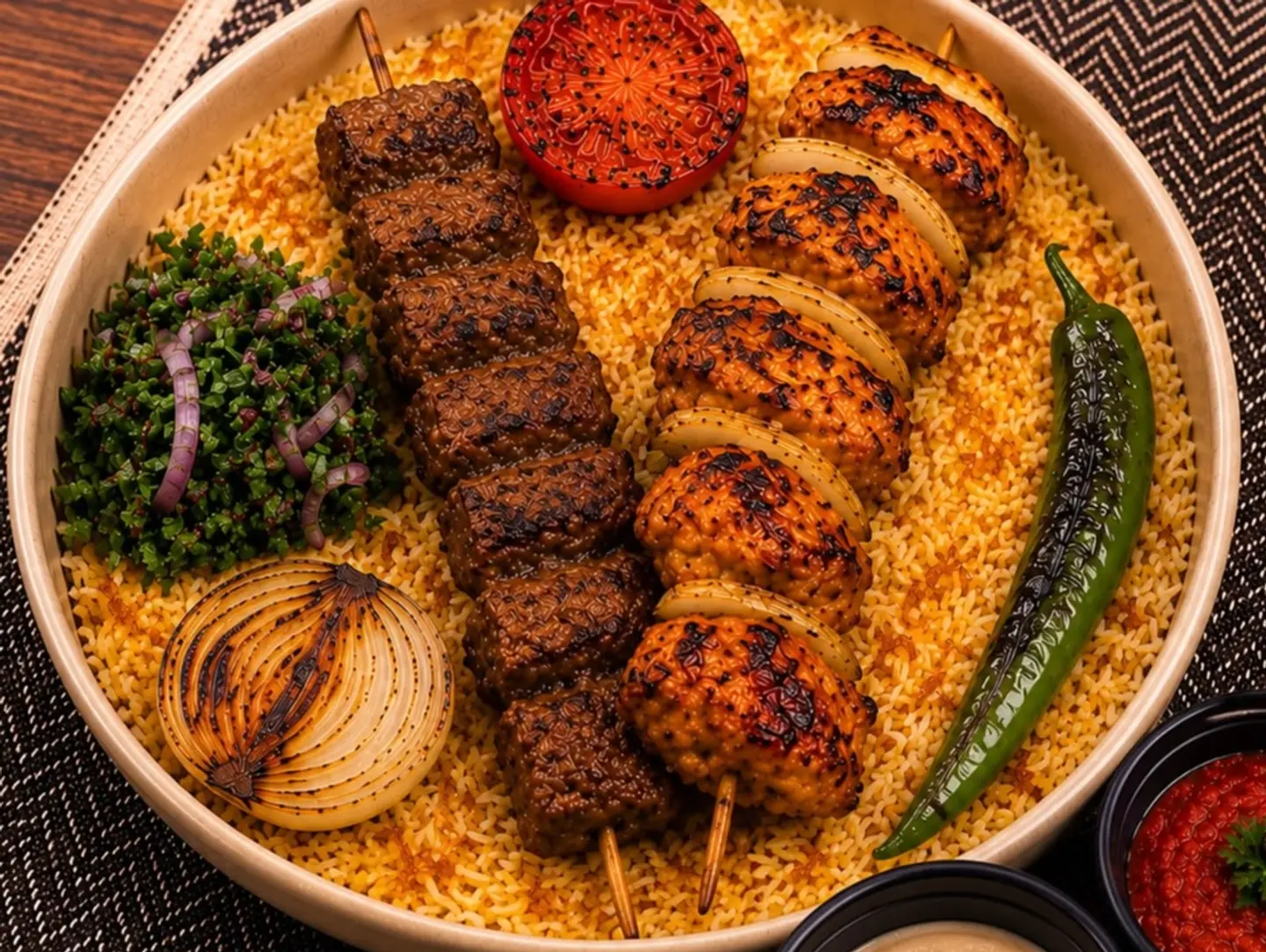 مشكل اوصال لحم مع شيش طاووق مع ارز بشاور مع صوص الطحينة والدقوس الحار