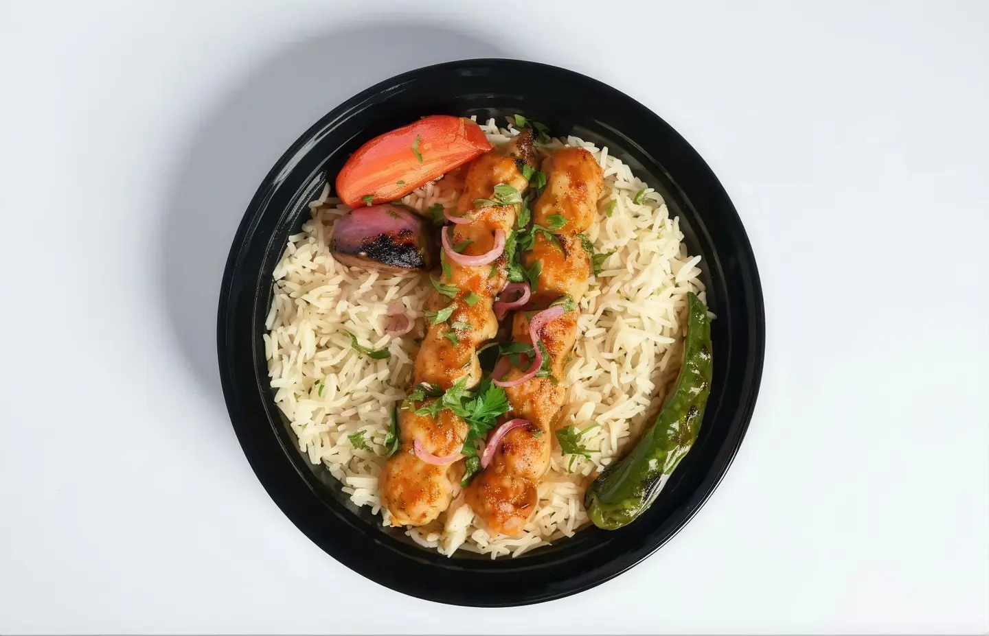 Two Skewers Of Chicken Kebab With Tagine Sauce And Hot Dakous