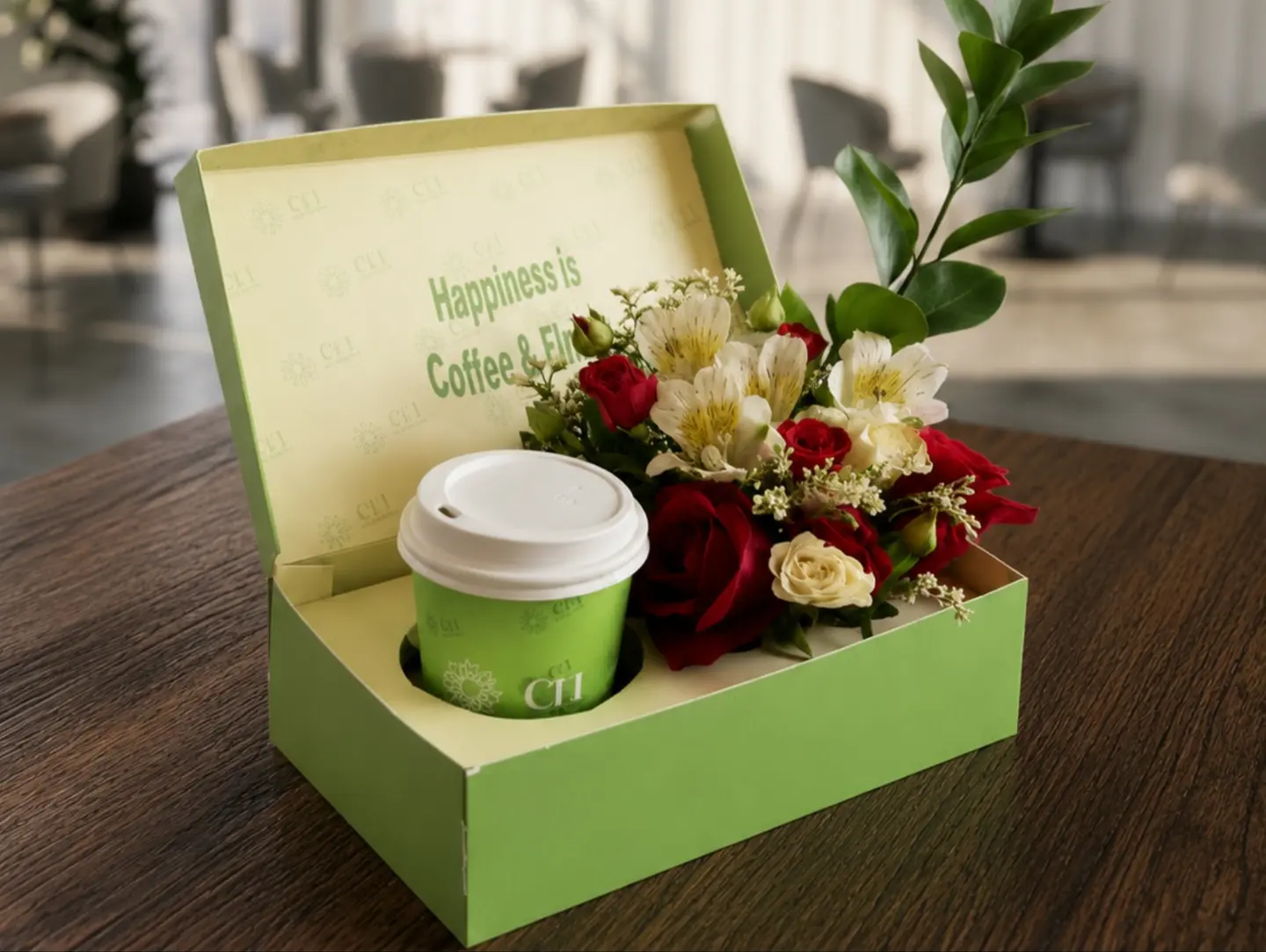 Medium Happiness Box Coffee And Flowers