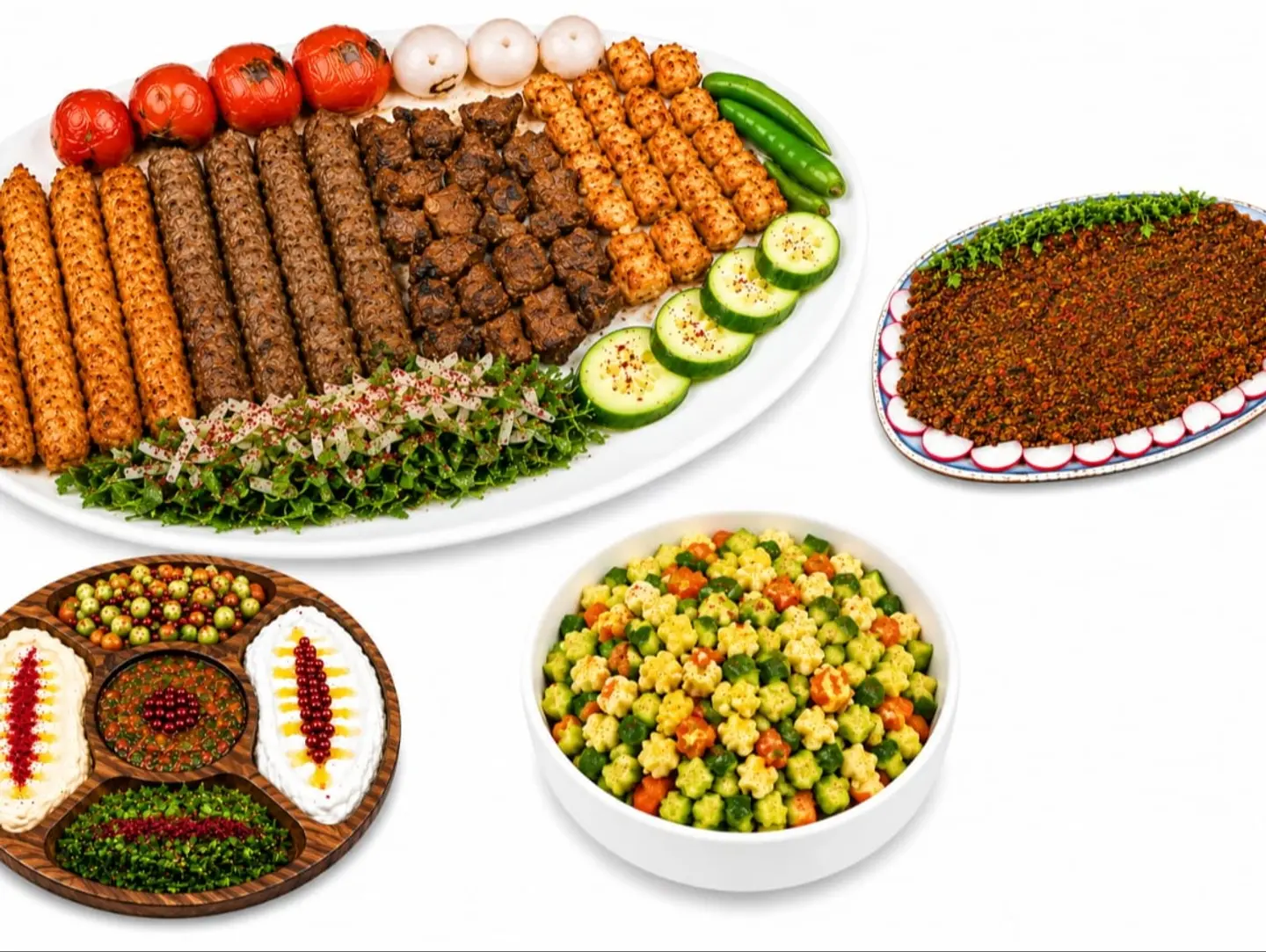 صحن مشكل كامل مع صينة لحم مع مقبلات وسلطة