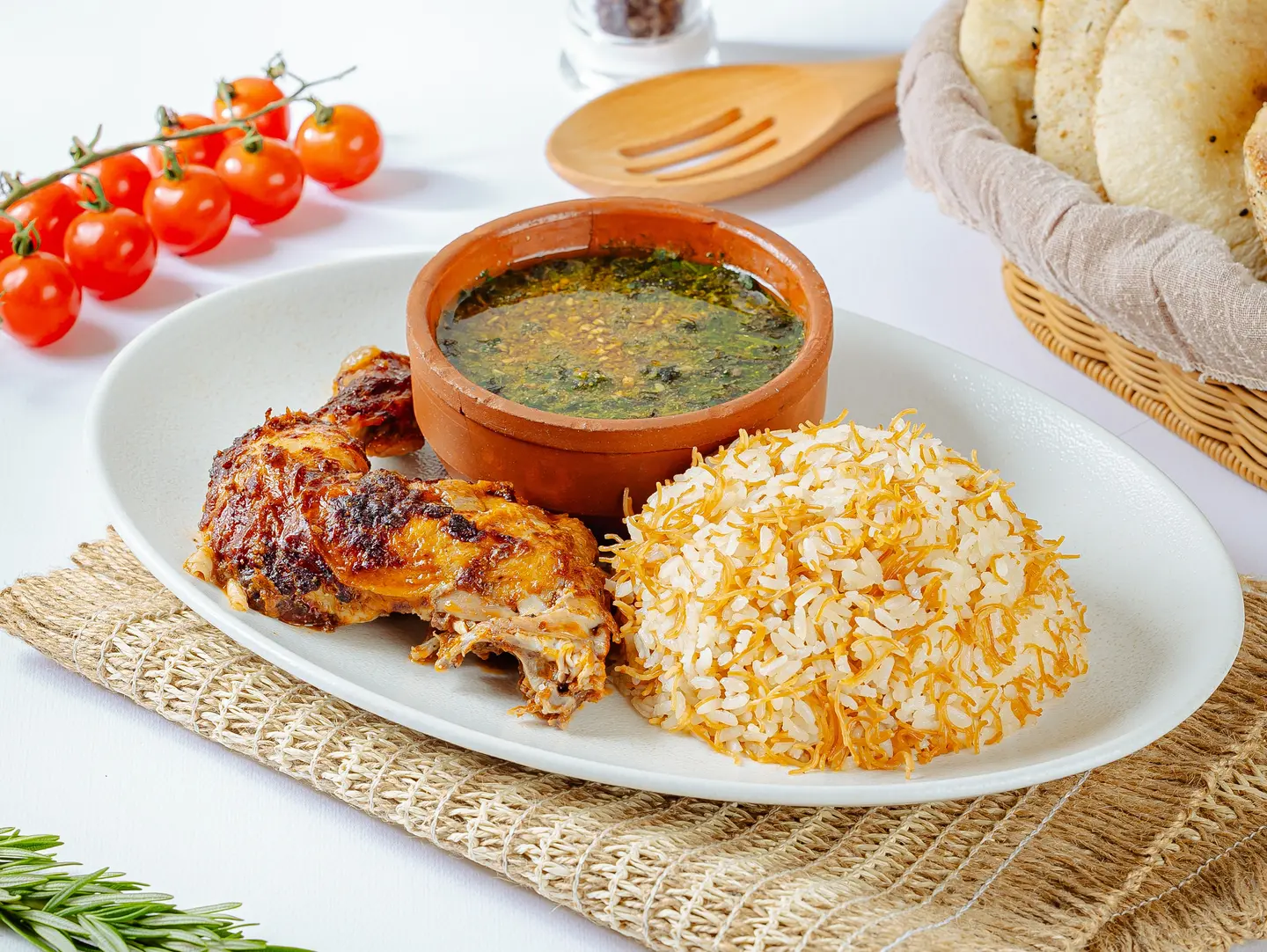 Fried Chicken Meal With Rice And Mulukhiyah