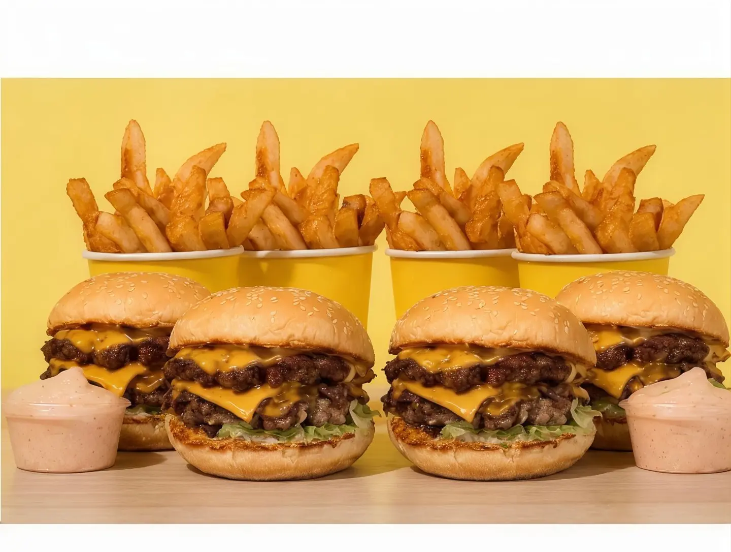 Four Double Beef Burger With Fries And Free Tb Sauce