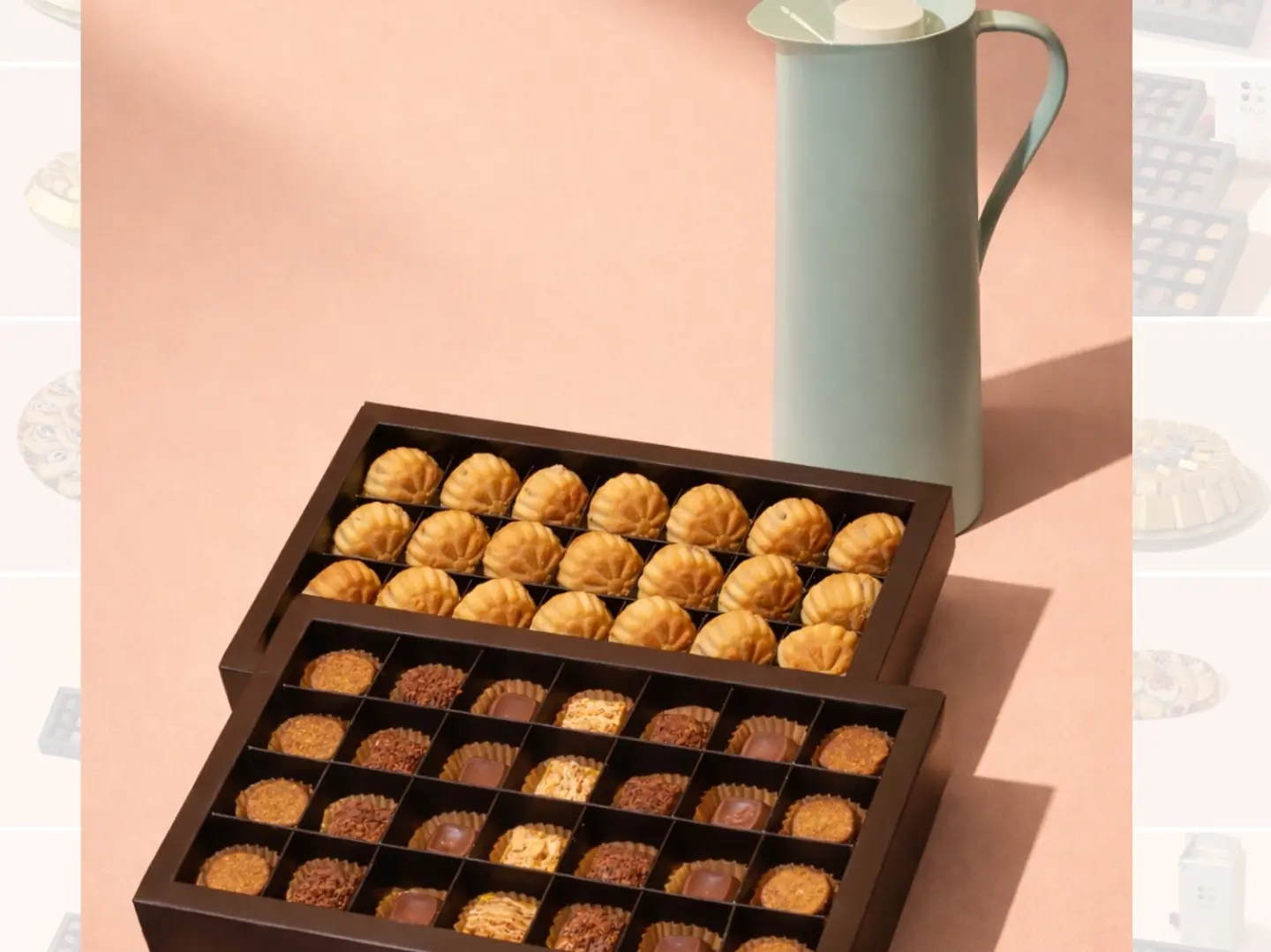 ٢ بكسات شوكولاته ومعمول تمر وبكس قهوة