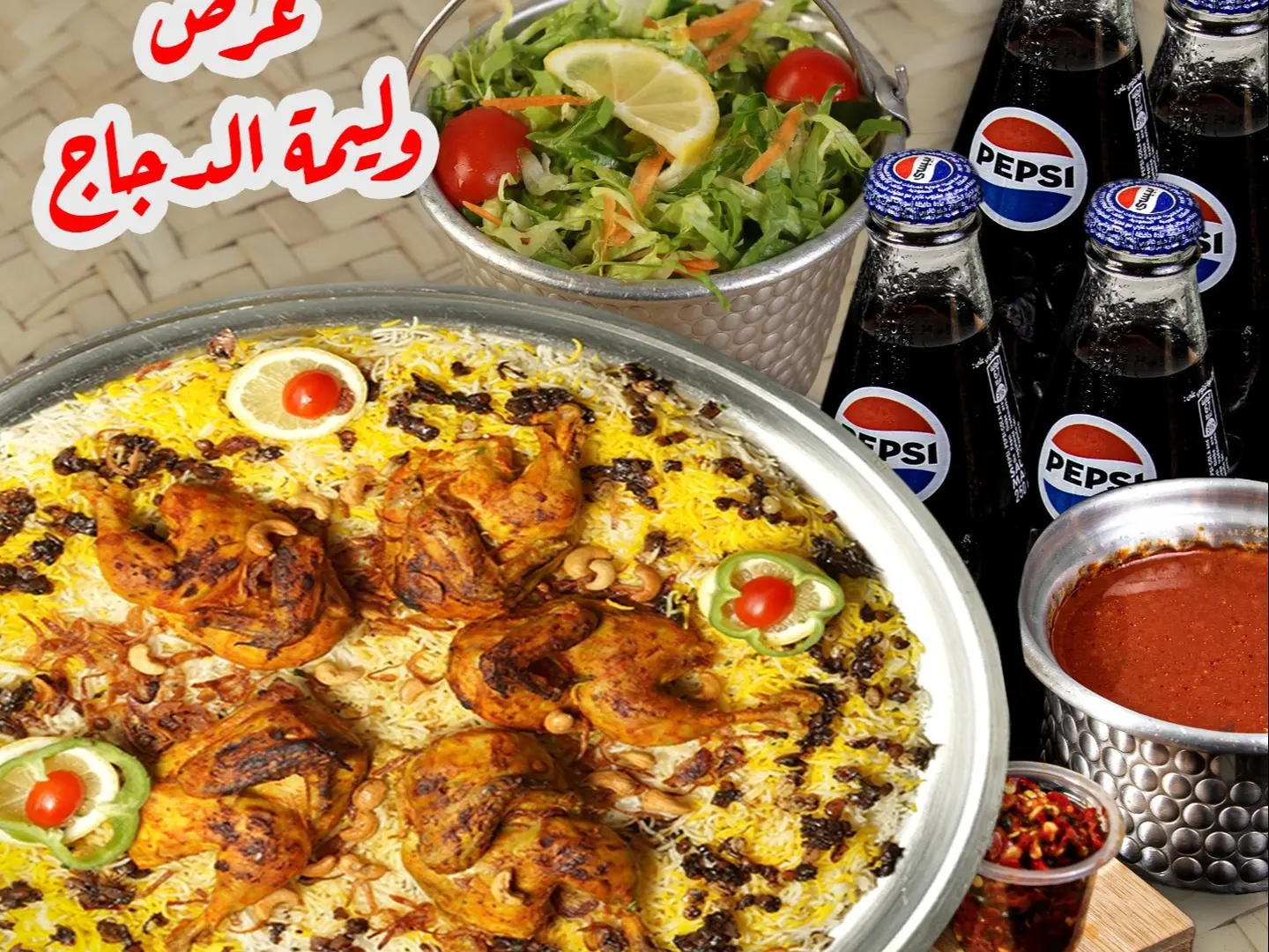 عرض وليمة الدجاج مع البيبسي و السلطة و المعبوج الكويتي
