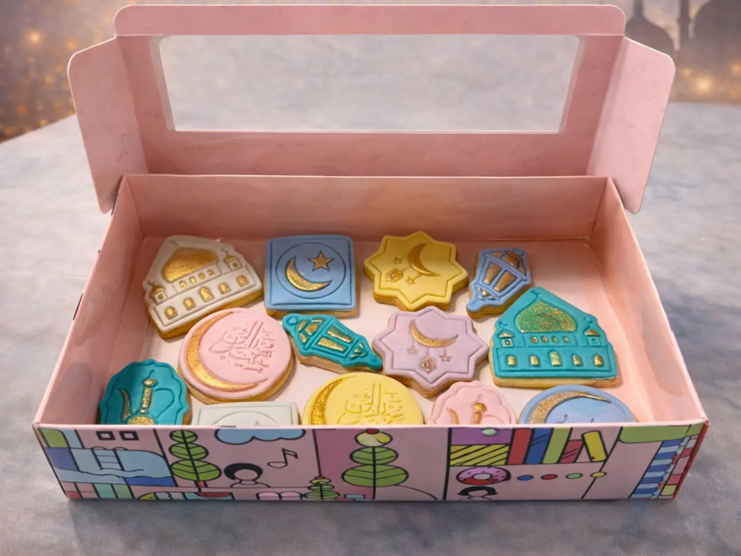 صندوق بسكويت رمضان مزين بالكامل