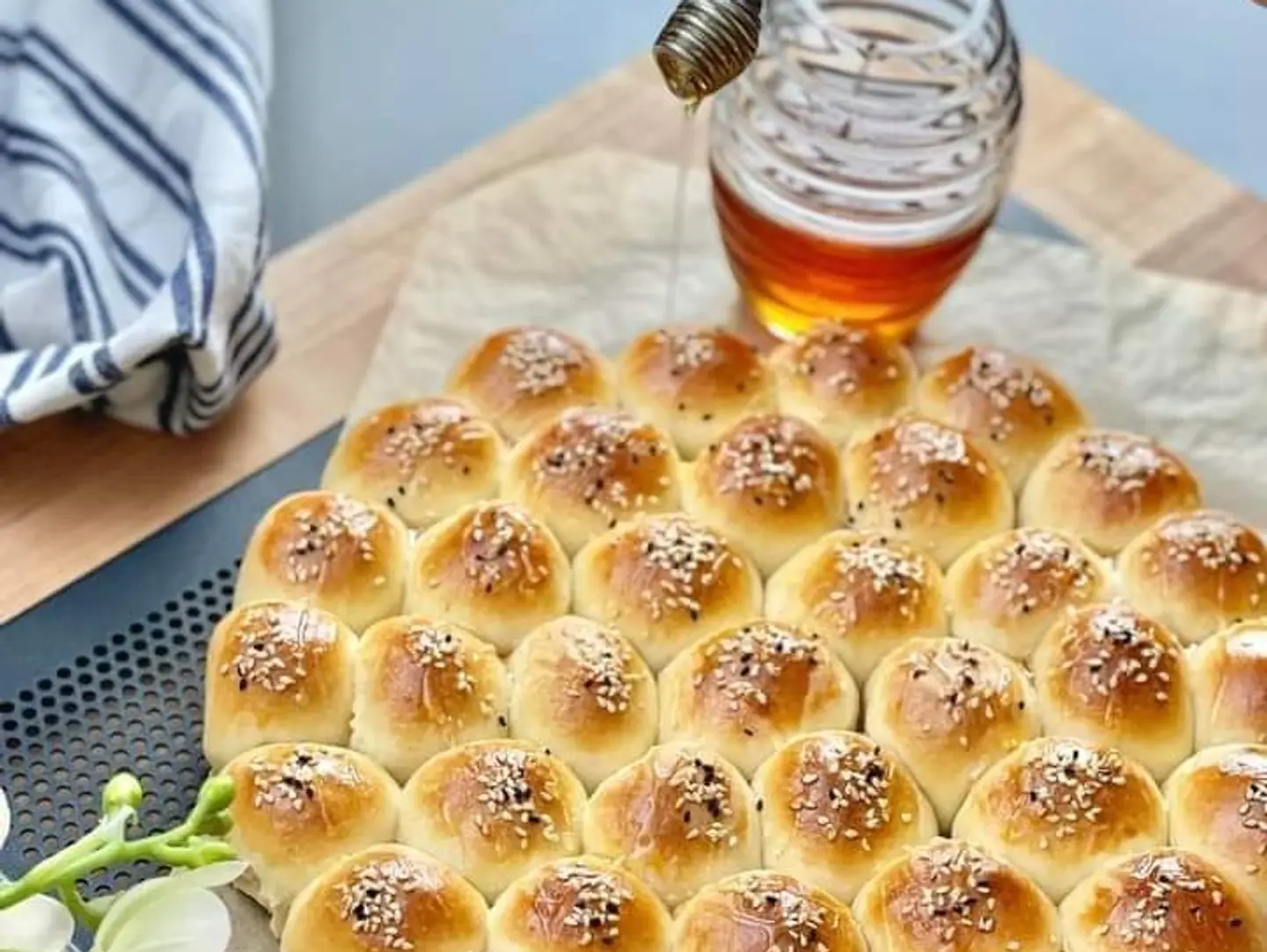 Honeycomb Bread Stuffed With Kiri Cheese And Drizzled With Honey