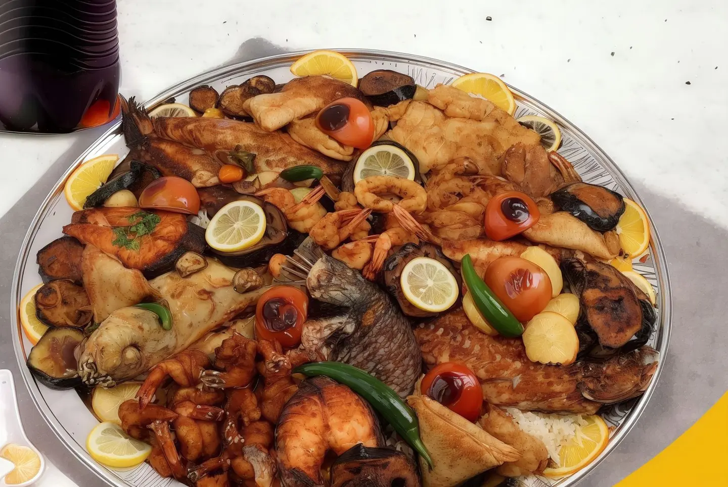 Fish And More Tray Mix Platter For Four People And More A Rich Meal For Four People Consisting Of Our Special Fish With Shrimp With Six Special Sauces And One Family Soft Drinks And Your Choice Of White Rice Or Sayadiyah Rice Or Both