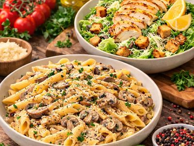 Kremalı Mantarlı Tavuklu Makarna + Sezar Salata