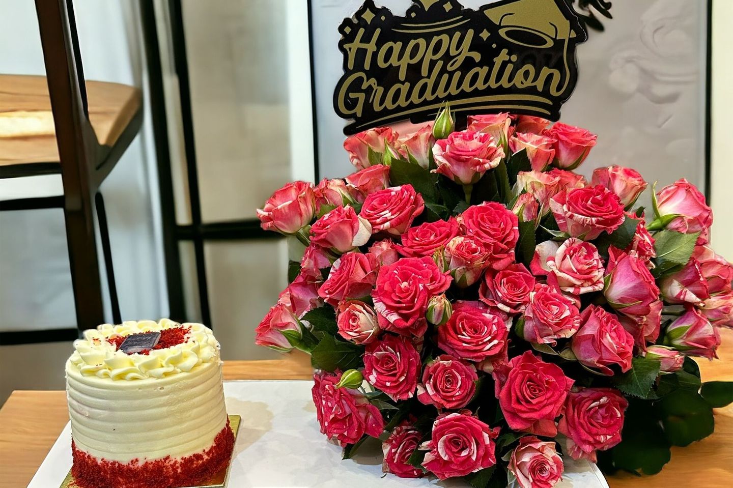 Double Color Baby Roses With Cake   Graduation