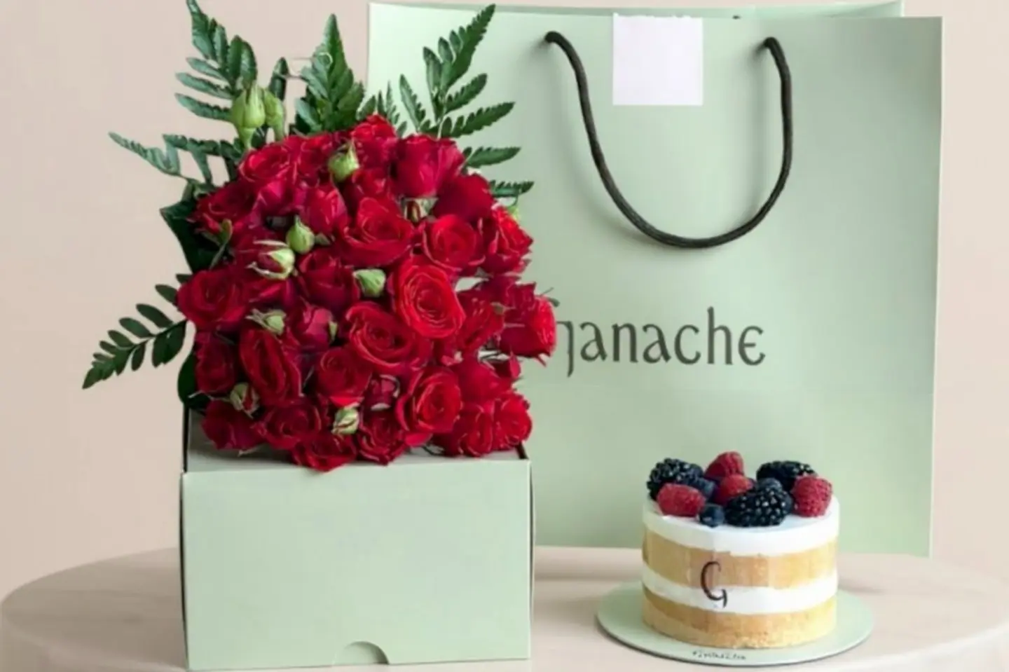 Baby Rose Arrangement With Ganache Cake