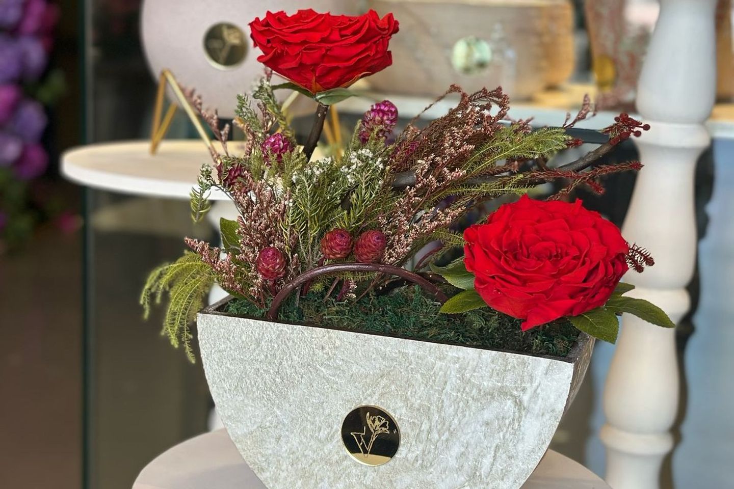 Wooden Base With Everlasting Roses