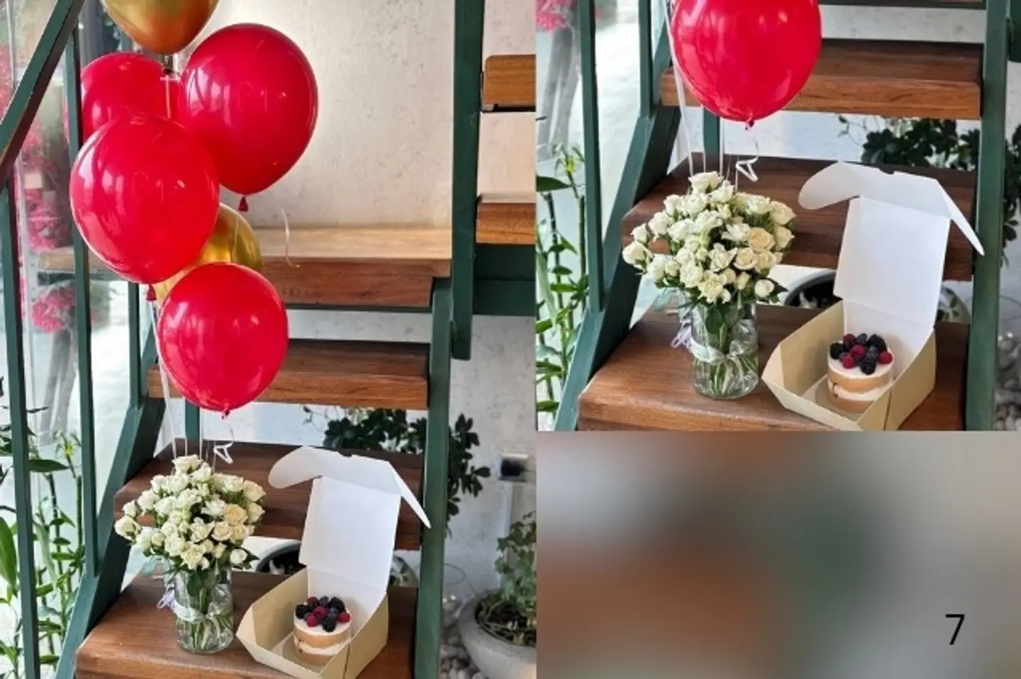 فازة ورد ابيض مع كيك جاناش وبالونات