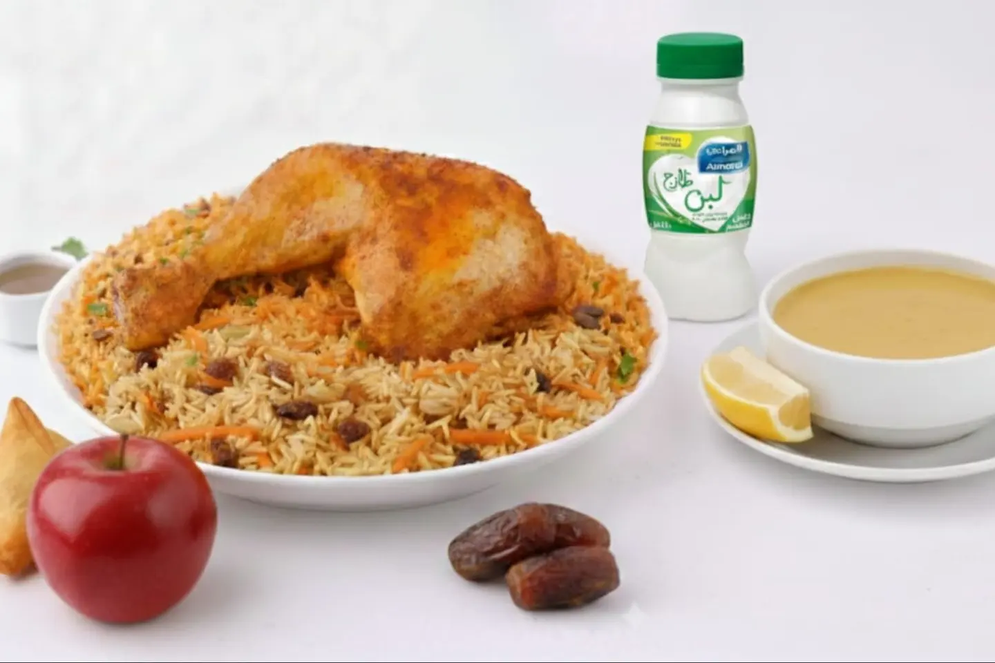 Quarter Grill With Rice Dates Yogurt Samosas Fruit And Soup