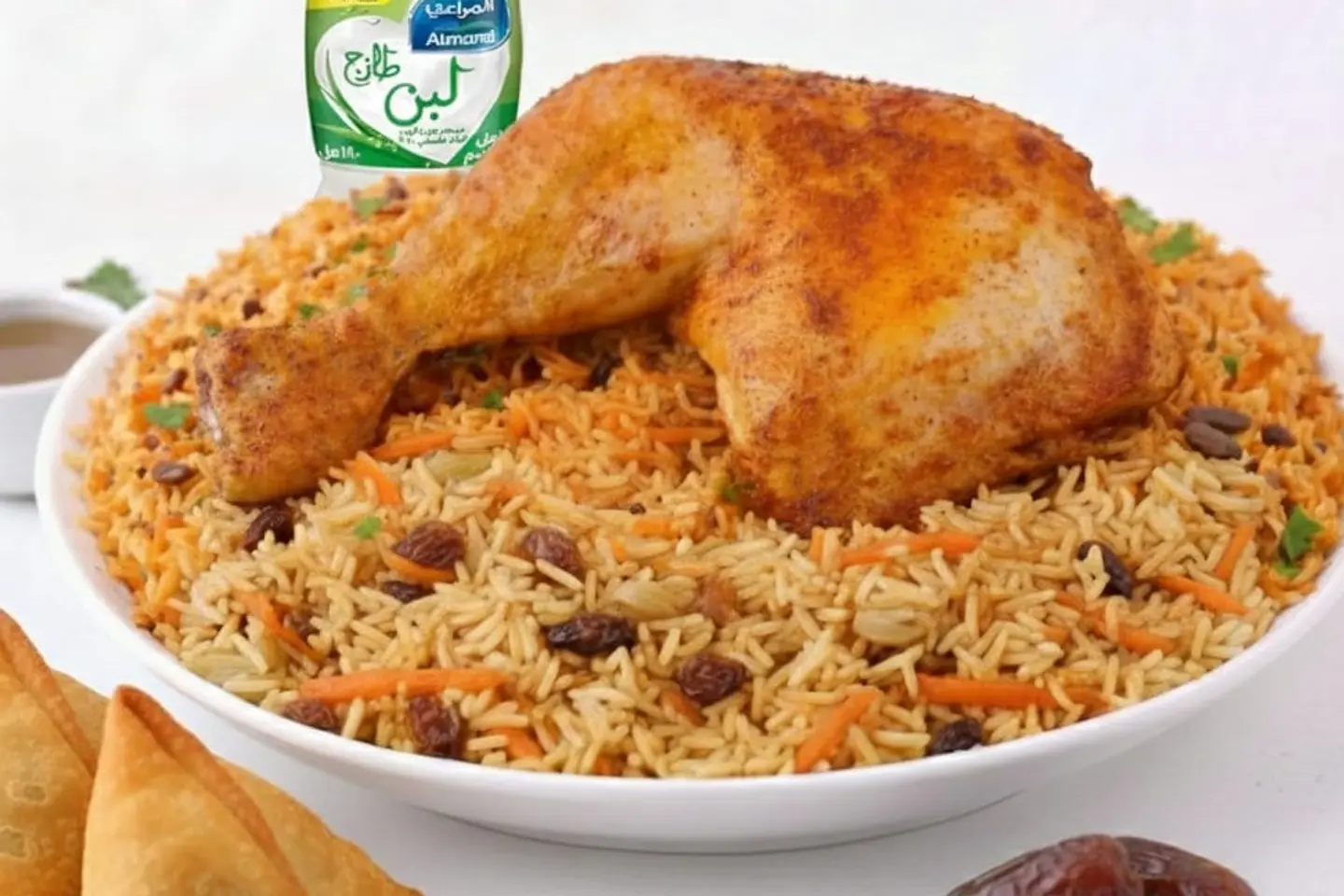 ربع شوايه مع رز وتمر ولبن وسمبوسه