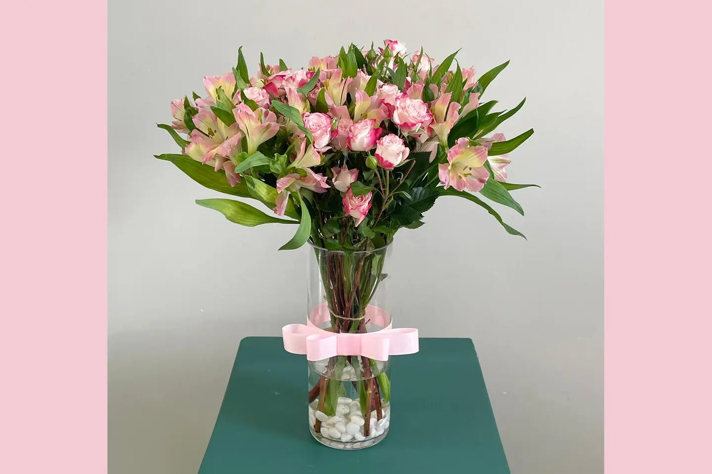 Pink Astromeria With Baby Rose Vase