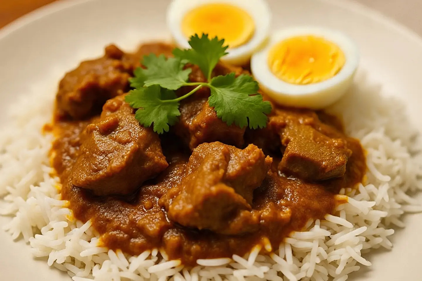 White Rice With Mutton Curry And 02 Pcs Boiled Eggs