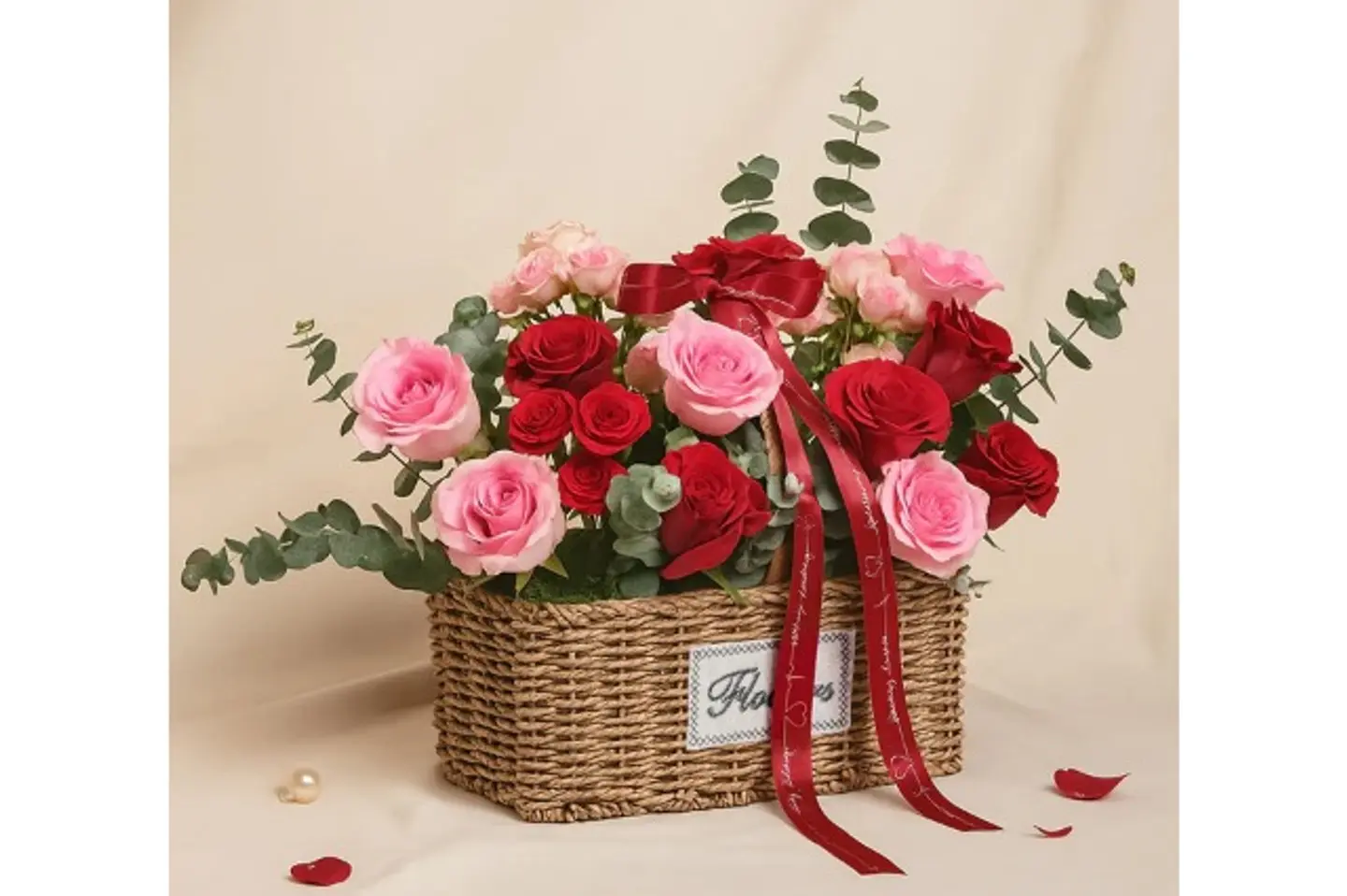A Basket Of Red And Pink Roses
