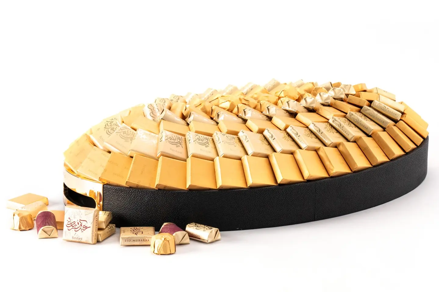 صينية جلد أسود بيضوي بعبارة عيدكم مبارك