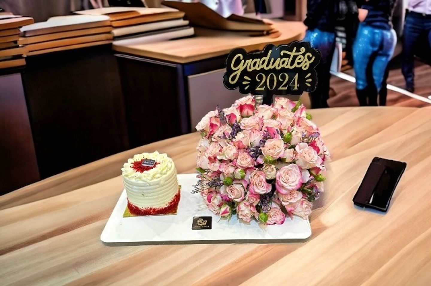 Roses With Cake Graduation Inscription
