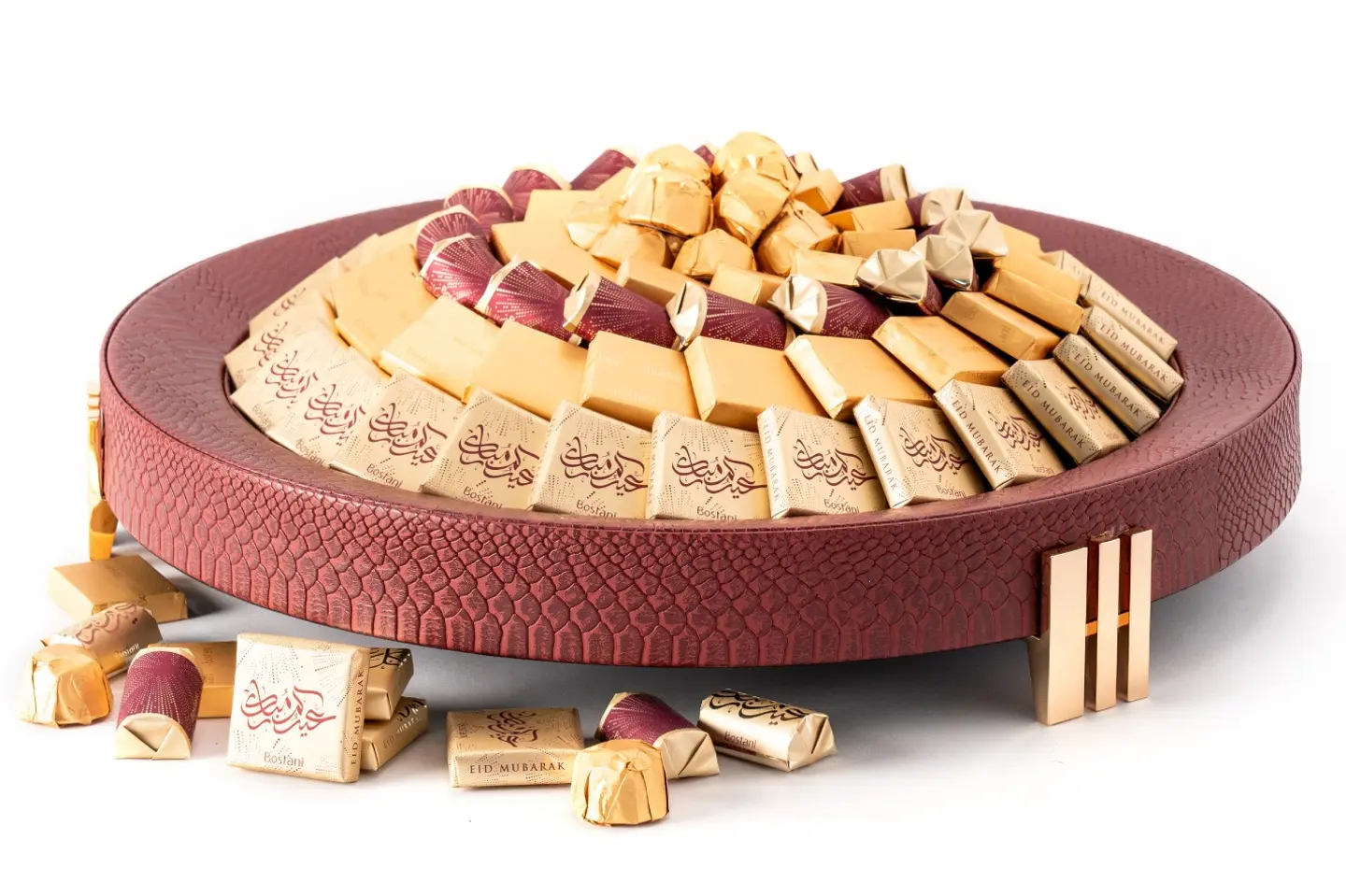 صينية جلد خمري بأرجل مدور بعبارة عيدكم مبارك