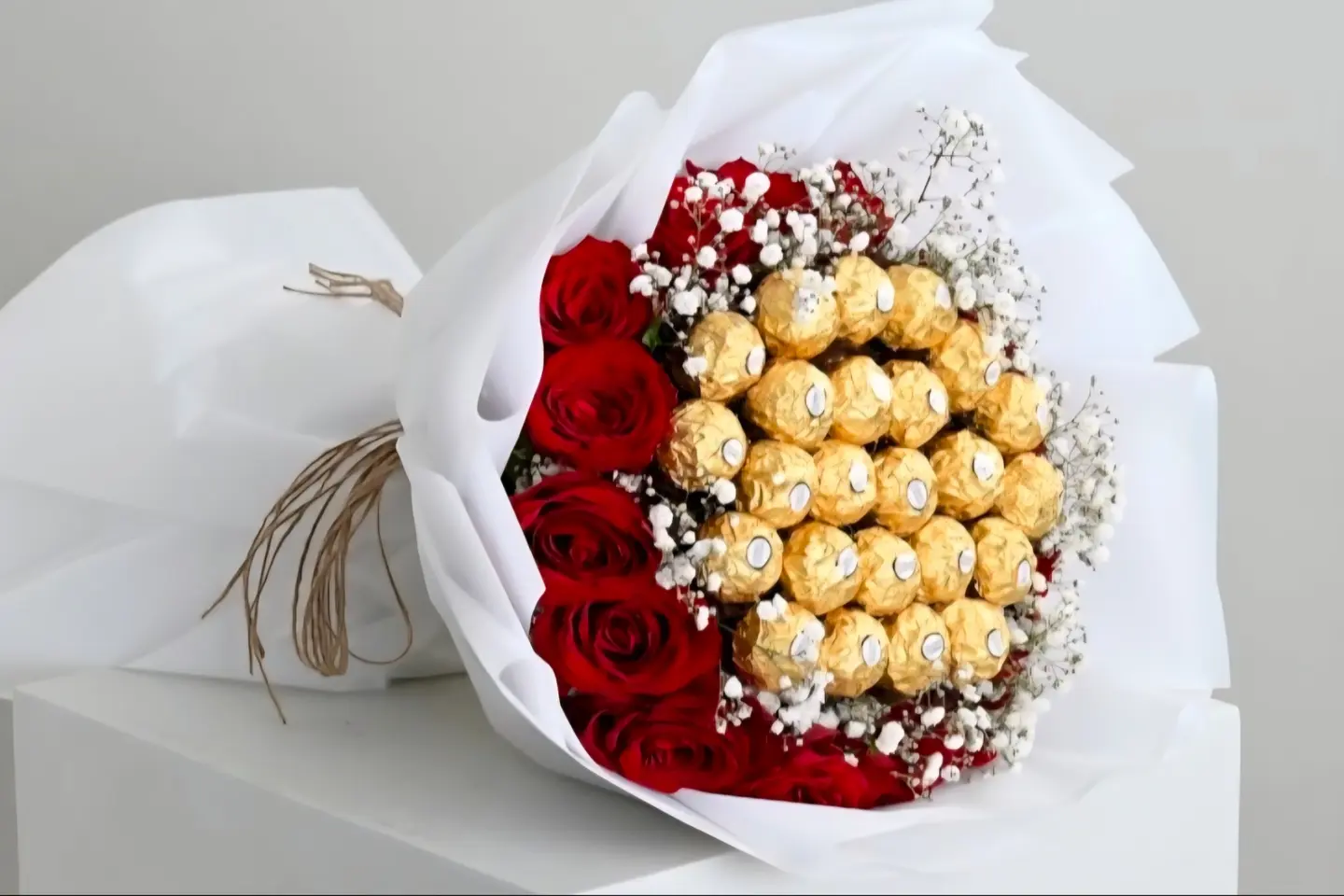 Fresh Chocolate With Red Rose Arrangement In White Wrapping