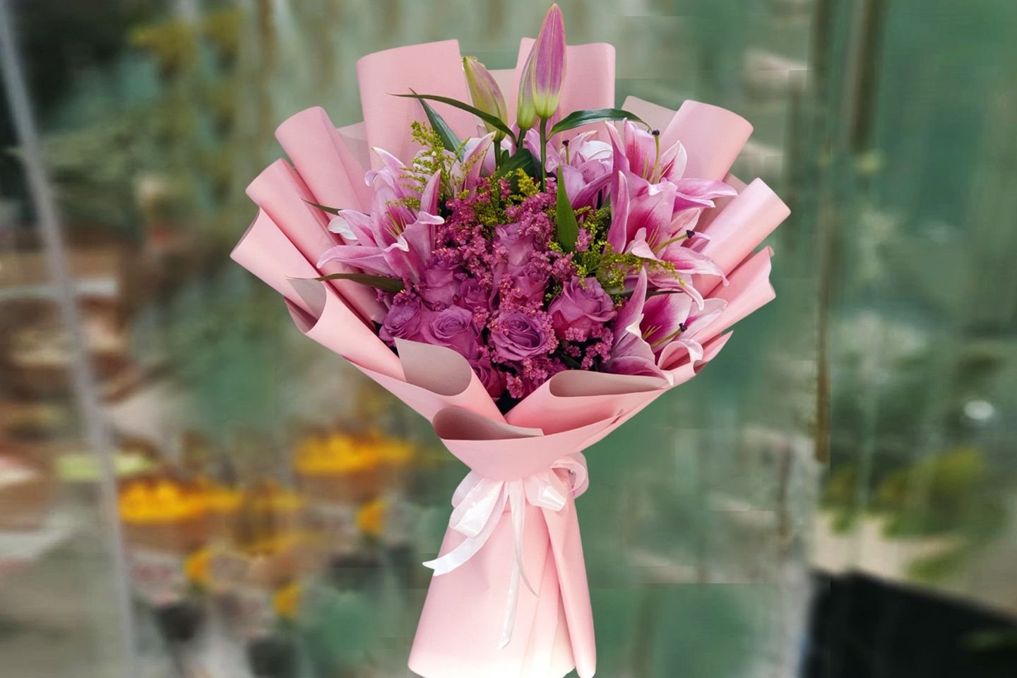 Pink Casablanca Lily And Purple Rose Bouquet