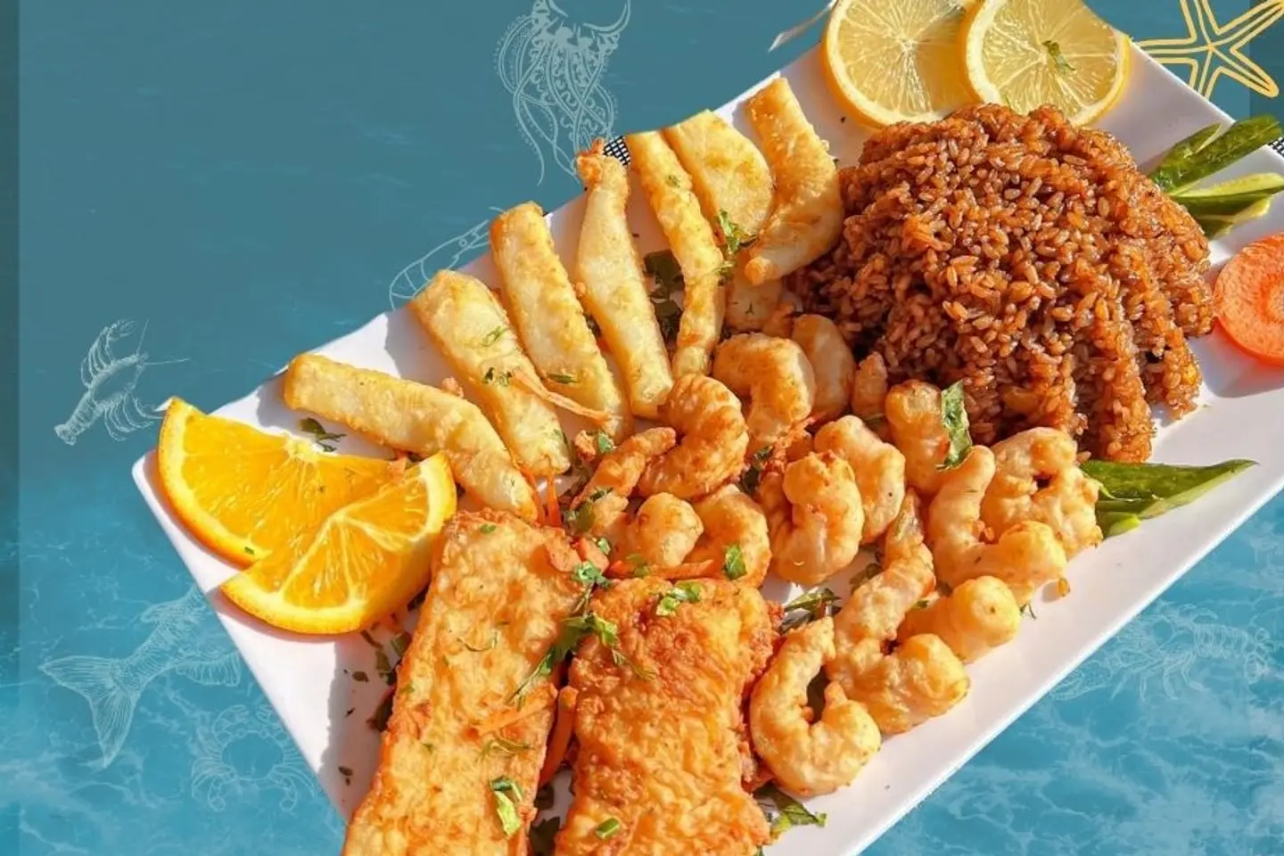 وجبة فيليه وحبار وروبيان مقلي