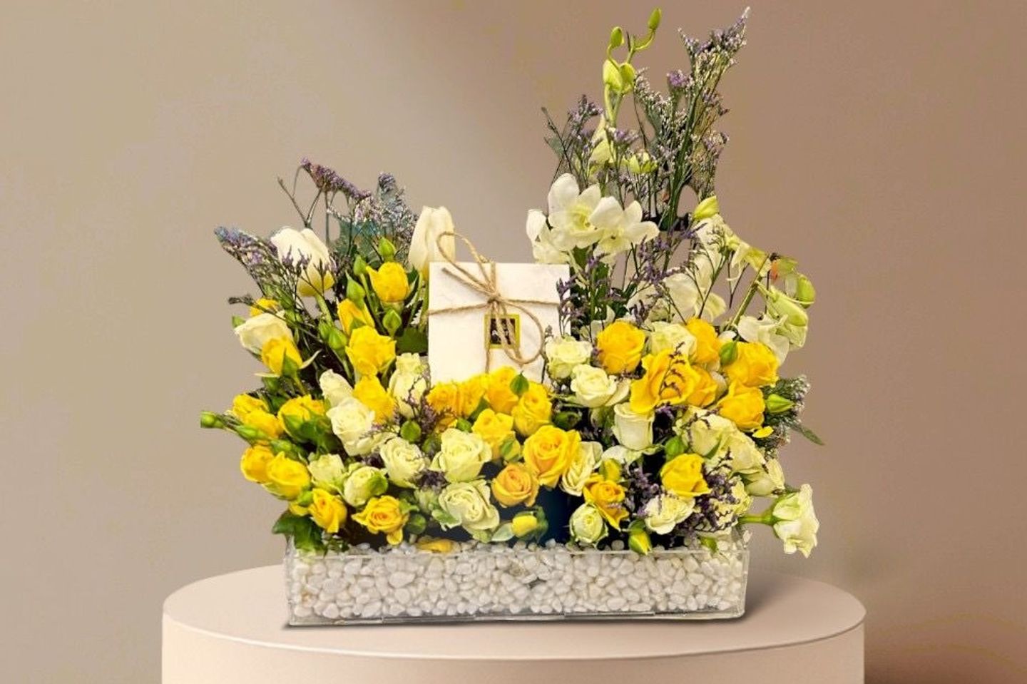 Acrylic Stand With Natural Roses And Patchi Chocolate