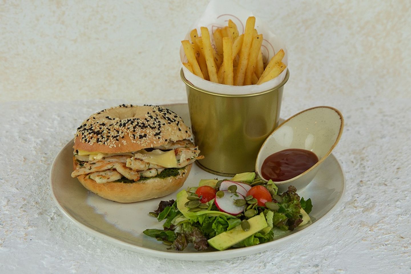 Chicken With Pesto Sauce - With Salad And Fries