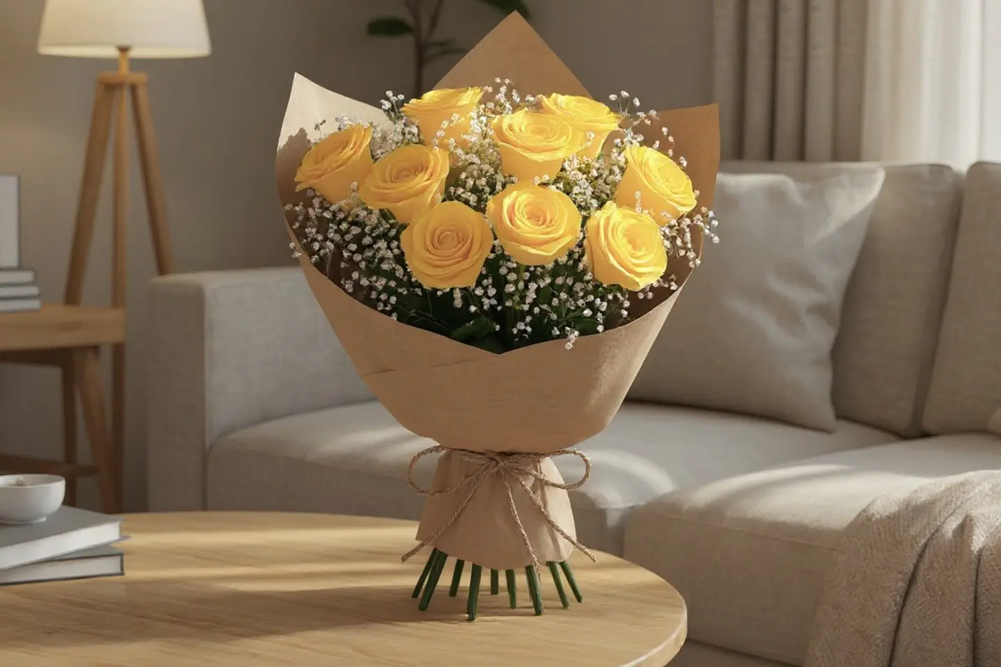 بوكيه ورود جوري أصفر بتغليف كرافت