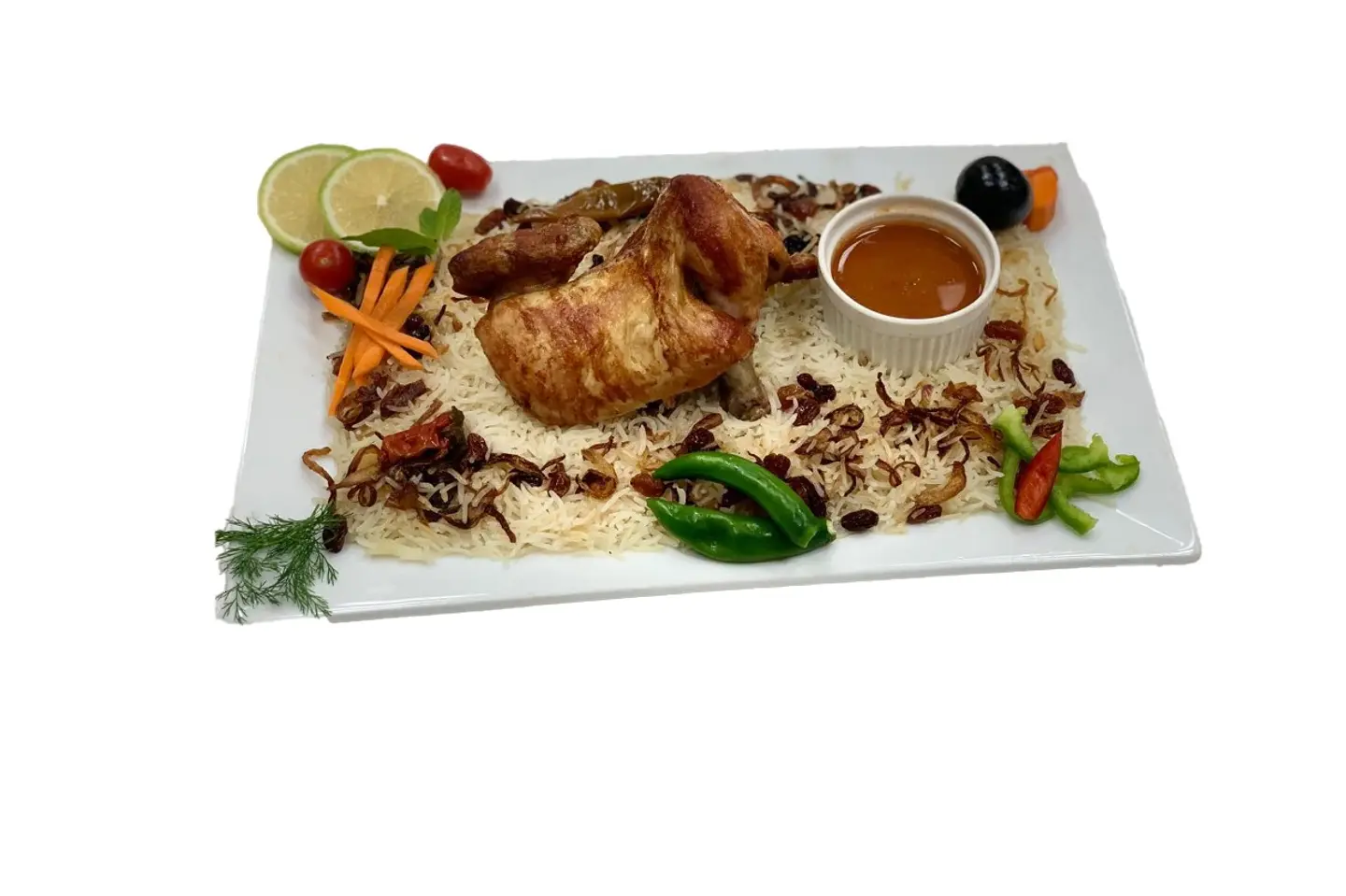 نصف دجاجة  علي الفحم مع أرز مندي