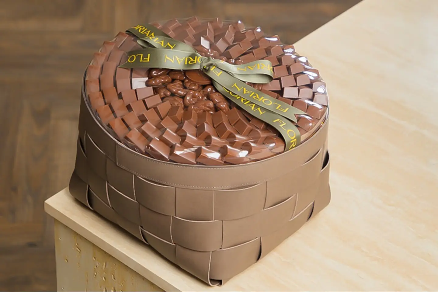 Leather Chocolate Basket Beige Square