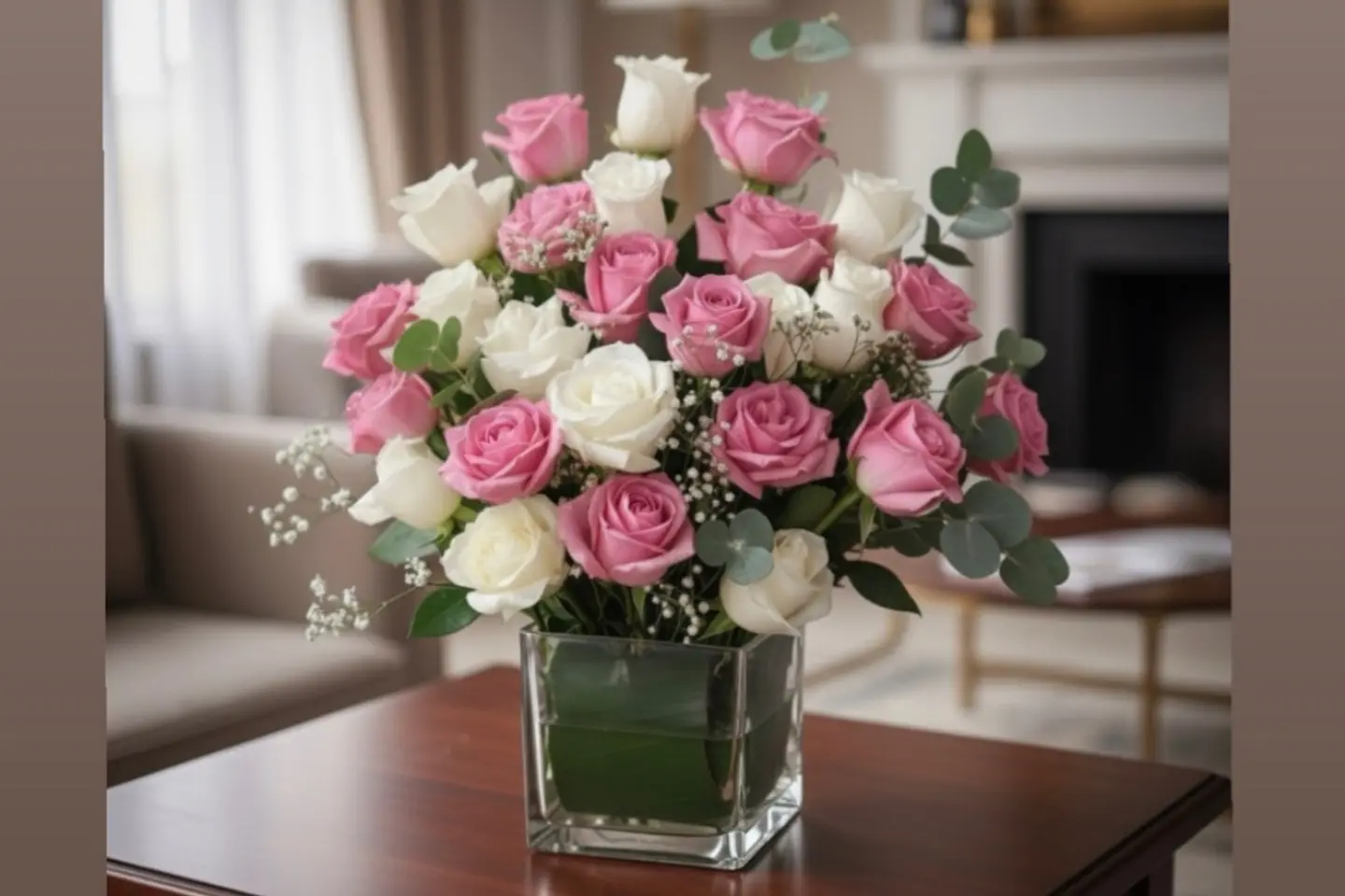 مزهرية ورود بيضاء وردية